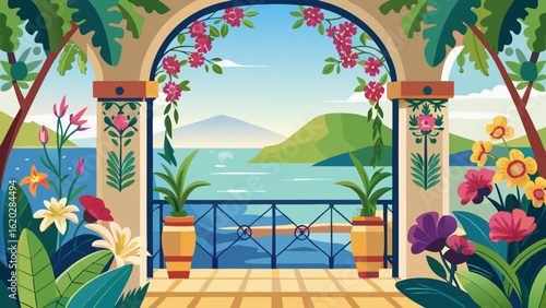 Vector art of a vibrant illustration of a tropical balcony overlooking a serene sea view with mountains and lush foliage, perfect for vacation and travel themes