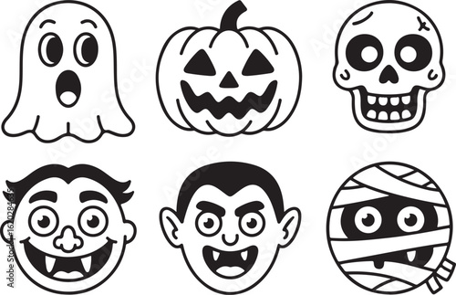Halloween characters black and white vector illustration