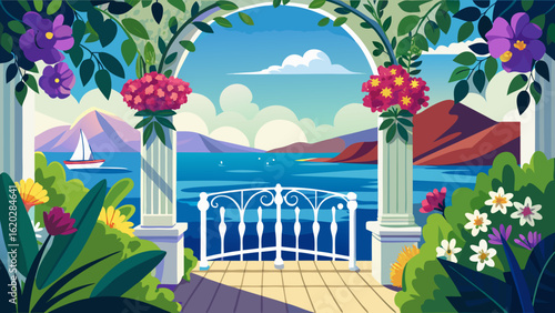 Vector art of an inviting balcony vista showcasing the tranquil blue sea and rolling hills, with a classic white railing and blooming flowers, under a bright sky with a distant sailboat