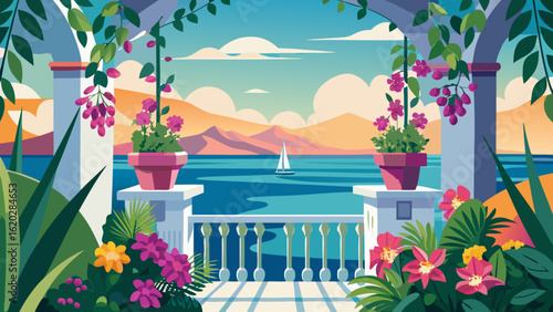 Vector art of a picturesque view from a sundrenched balcony overlooking the sparkling blue sea, with distant mountains and a lone sailboat on the horizon, framed by lush greenery and vibrant flowers