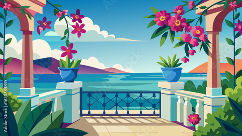 Vector art of charming balcony with blooming pink flowers and green plants, offering a stunning view of the blue sea and distant mountains under a cloudy sky
