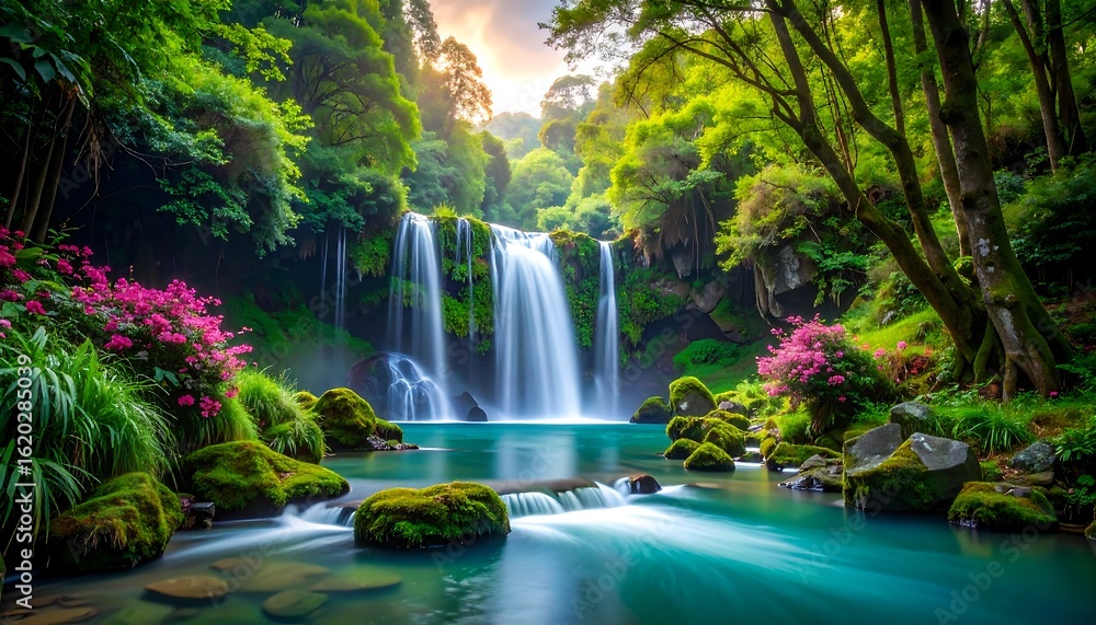 Obraz premium Lush waterfall cascading into tranquil pool (1)