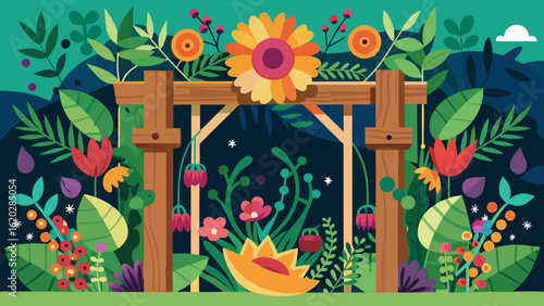 Vector art of a vibrant illustration of a wooden garden archway adorned with lush green foliage and colorful blooming flowers, creating a picturesque entrance to a serene natural landscape