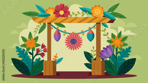 Vector art of a charming wooden archway decorated with colorful flowers and festive garlands, set amidst lush greenery, offering a welcoming gateway to a beautiful garden