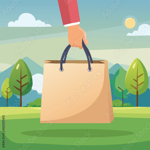 Close-up of hand holding a shopping paper bag, minimal background, eco-friendly packaging concept, retail and consumerism theme, sustainable lifestyle detail, daylight natural lighting