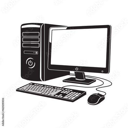 Desktop computer workstation silhouette, PC setup with monitor, keyboard, and mouse vector illustration