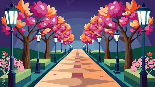Vector art of an enchanting park pathway illuminated by vintage street lamps, flanked by blooming trees, leading into a serene urban vista