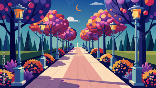 Vector art of an enchanting park pathway illuminated by vintage lampposts, flanked by trees with vibrant foliage under a twilight sky with a crescent moon