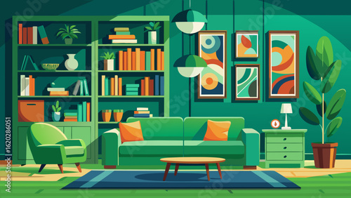 Vector art of cozy modern living room interior design with green sofa, armchair, bookshelves, and artwork, creating a comfortable and stylish home atmosphere