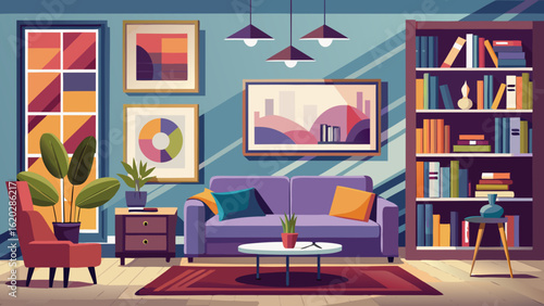 Vector art of a vibrant living room interior featuring a purple sofa, red armchair, bookshelves, side table, and abstract art, offering a chic home atmosphere