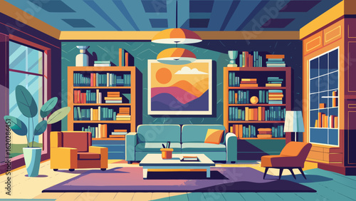 Vector art of a stylish and modern living room interior with a comfortable sofa, armchairs, bookshelves, and a coffee table, creating a cozy and inviting atmosphere for relaxation and leisure