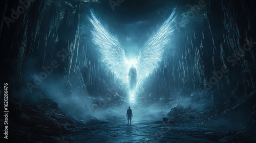 Epic fantasy scene of a glowing angelic figure with large wings descending in a dark canyon, facing a lone human below.
