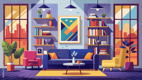 Vector art of vibrant modern living room interior with a blue sofa, colorful chairs, and decorative bookshelves, showcasing stylish home design