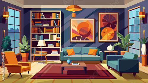 Vector art of modern living room interior design with sofa, chair, bookshelf, lamp, table, carpet, plants, and artwork, creating a cozy and stylish atmosphere