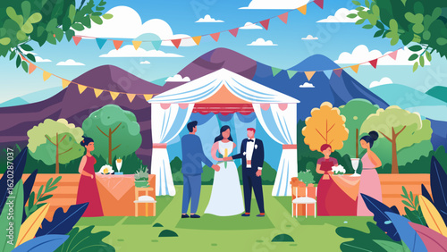 Vector art of a beautiful outdoor wedding ceremony takes place under a decorated tent with mountains in the background and guests celebrating the happy couple