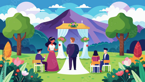 Vector art of an intimate outdoor wedding ceremony with a bride and groom exchanging vows before guests, set against a backdrop of mountains and trees