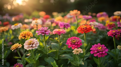 A vibrant garden bed showcasing a variety of zinnias in full bloom, basking in warm sunlight with deep and rich colors.
