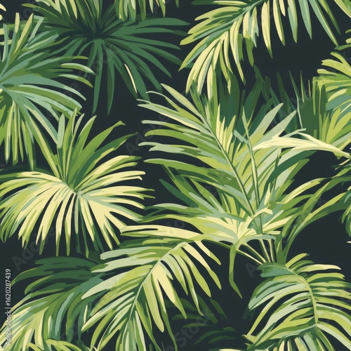 A lush background of green leaves and plants creates a seamless pattern of nature, tropical foliage, and garden flora