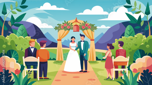 Vector art of a beautiful outdoor wedding ceremony takes place with a bride and groom standing under a floral arch, surrounded by guests and scenic mountain views