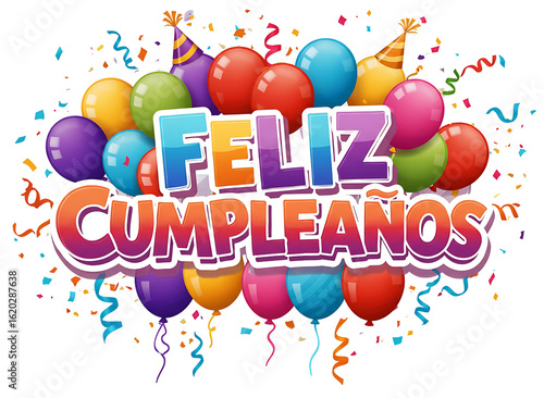 Feliz Cumpleaños  text with balloons and confetti isolated on transparent background