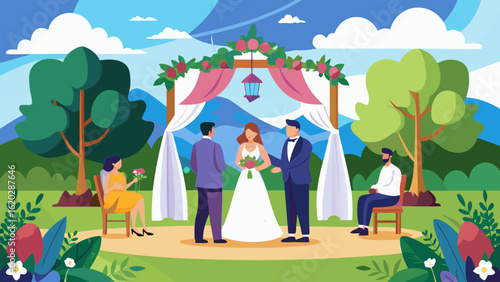 Vector art of outdoor wedding ceremony with bride, groom, officiant, and guests gathered under a decorated arch in a natural setting with trees and mountains