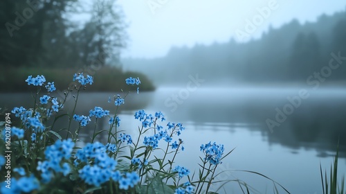A serene scene of wild blue forget-me-nots blooming near a calm lake, surrounded by a misty background, evoking tranquility.