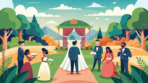 Vector art of wedding celebration outdoors with bride, groom, officiant, and guests on a grassy lawn with trees and mountains in the background