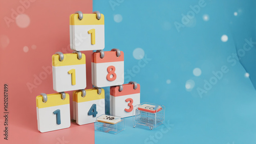 Colorful Calendar Page Stack 3d on Pink and Blue Background