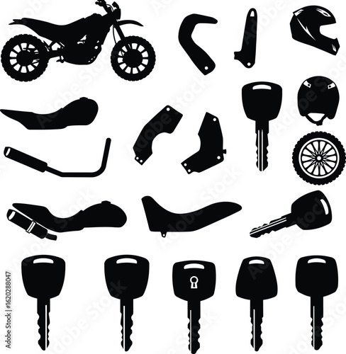 Black Silhouette Motorcycle Parts & Keys Set: Comprehensive Collection of Engine Components, Helmets, Wheels, and Keys for Repair, Customization, and Automotive Themes.