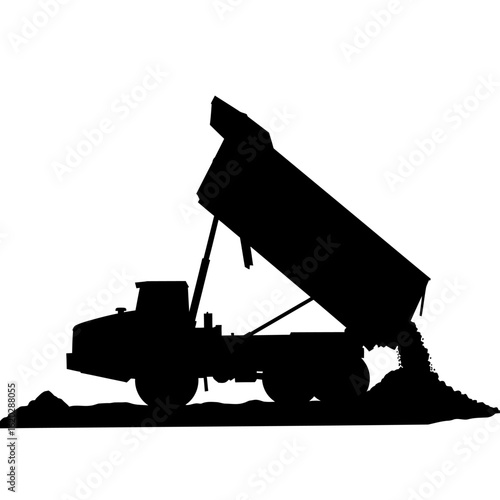 A stark black silhouette of a heavy-duty dump truck actively unloading a pile of material, creating a clear graphic representation on a clean white background.