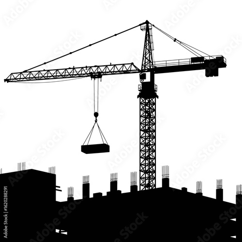 A stark silhouette of a towering construction crane actively lifting a large load over an urban building site, symbolizing progress and development.