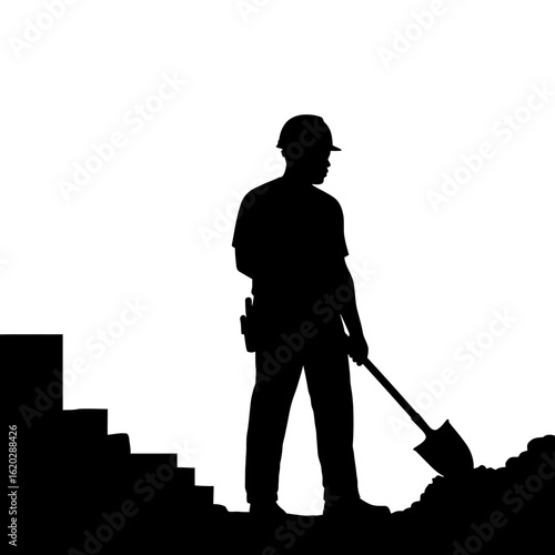 A stark black silhouette depicts a diligent construction worker wearing a hard hat, actively shoveling dirt or debris at a job site.