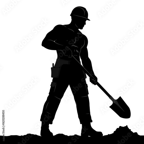 A strong, muscular construction worker in a hard hat is depicted in a silhouette, actively shoveling dirt on a white background.