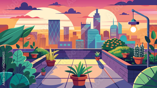 Vector art of vibrant cityscape rooftop garden with potted plants and trees against a colorful sunset sky, urban oasis with modern buildings in the background