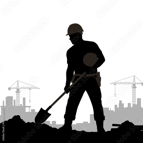 Silhouette of a construction worker digging with a shovel against a city skyline with cranes, symbolizing hard work and development.