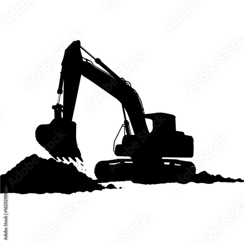 Silhouette of an excavator digging a pile of dirt against a clean white background, symbolizing construction and heavy machinery.