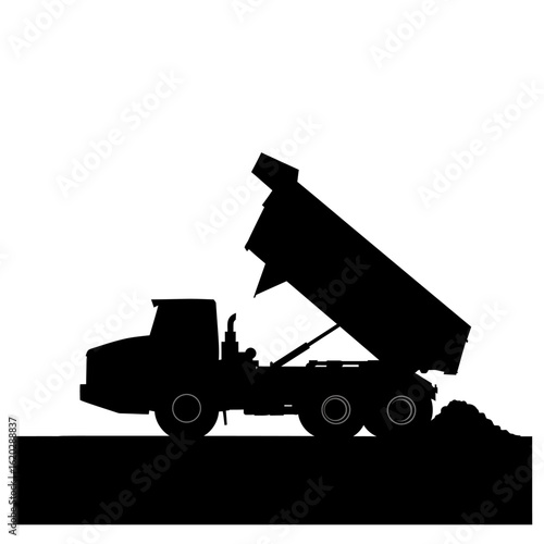 Silhouette of a dump truck unloading a pile of dirt or gravel on a construction site, symbolizing heavy machinery and civil engineering.