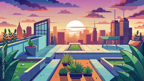 Vector art of vibrant illustration of a lush rooftop garden overlooking a sprawling cityscape at sunset, featuring modern buildings and colorful sky