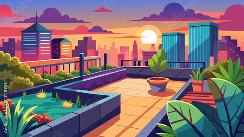 Vector art of urban rooftop terrace overlooking a cityscape during a colorful sunset, showcasing modern buildings and vibrant plant life
