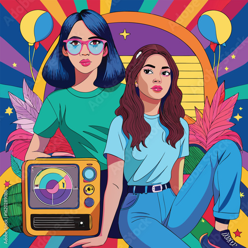 Two stylish young women in vibrant retro attire posing with a vintage television surrounded by psychedelic art and colorful balloons evoking a nostalgic and groovy atmosphere