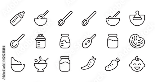 Baby Food and Feeding Line Icons – Bottle, Spoon, Bowl, Jar, Puree, Vegetables, Nutrition