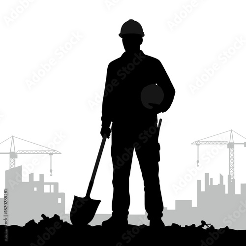 A determined construction worker silhouette stands holding a shovel against a backdrop of a developing city skyline with towering cranes, symbolizing hard work and urban growth.