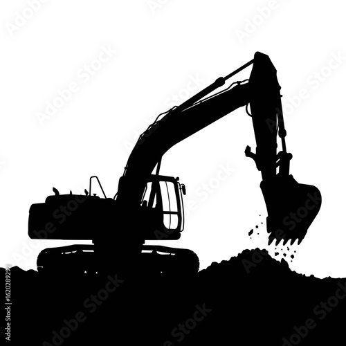 A powerful excavator silhouette is captured in action, digging into a mound of earth, symbolizing heavy construction and industrial work.