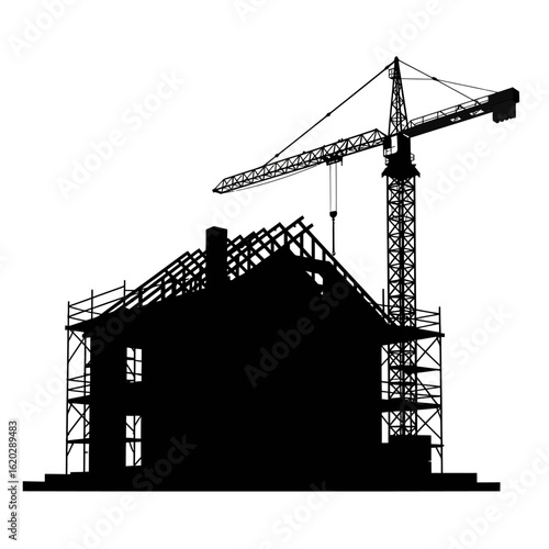 A silhouette depicts a residential house under construction, with a crane, scaffolding, and roof framing, representing the building process and development.