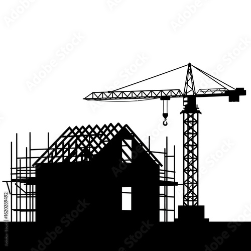 Silhouette illustration depicts a construction site with a crane and a building under construction, showcasing the process of building a new home or structure.