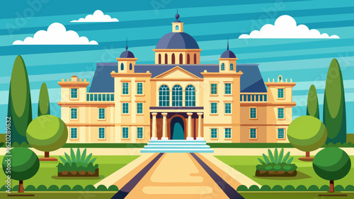 Vector art of an elegant yellow mansion with a blue dome and classical columns, leading to a central entrance with steps and surrounding green trees under a bright sky