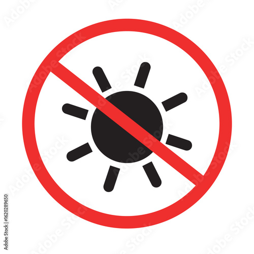 No Sun Exposure Sign with Red Circle and Slash Over Sun Symbol, Ideal for Safety Warnings