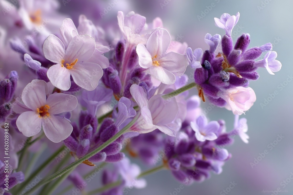 Obraz premium Delicate lavender blossoms and tiny purple flowers in soft natural light showcasing their intricate details