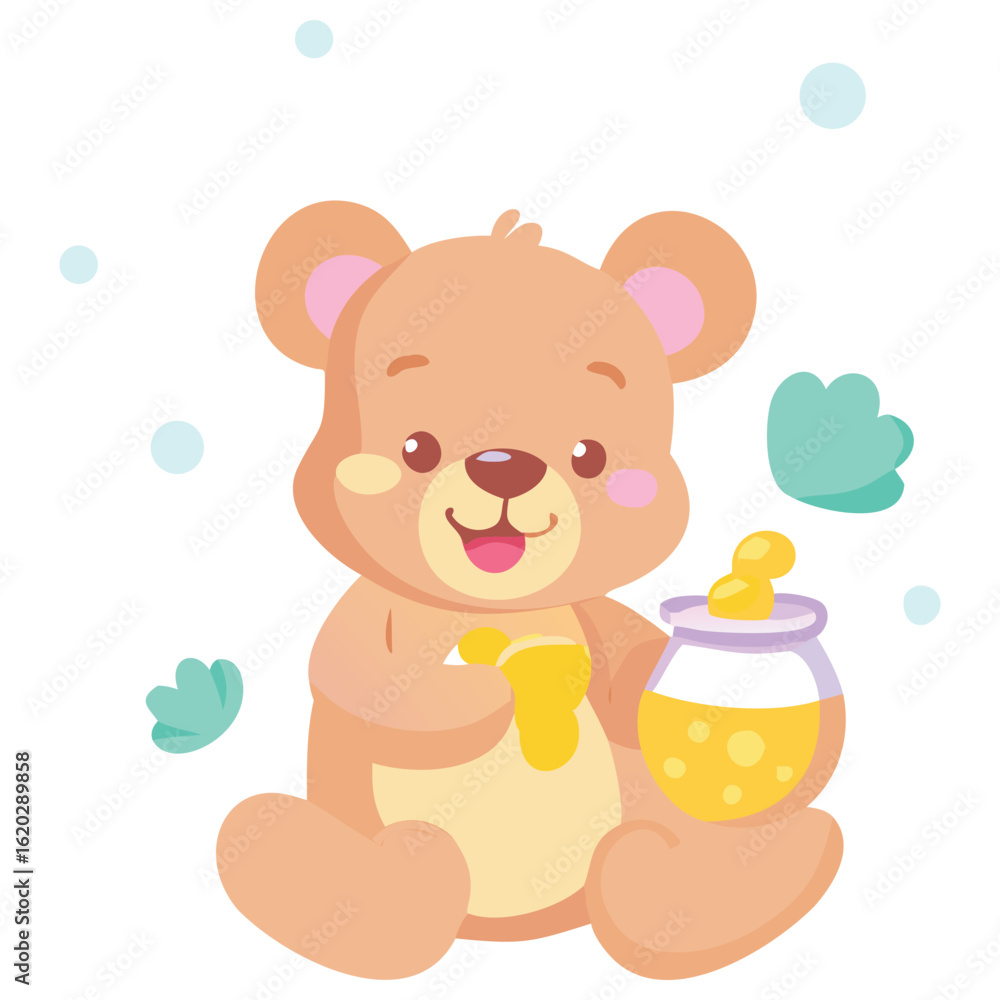 Fototapeta premium A cute teddy bear is holding a honey pot and enjoying it