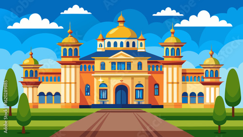 Vector art of majestic palace with ornate architecture and vibrant colors under a sunny sky with clouds and trees